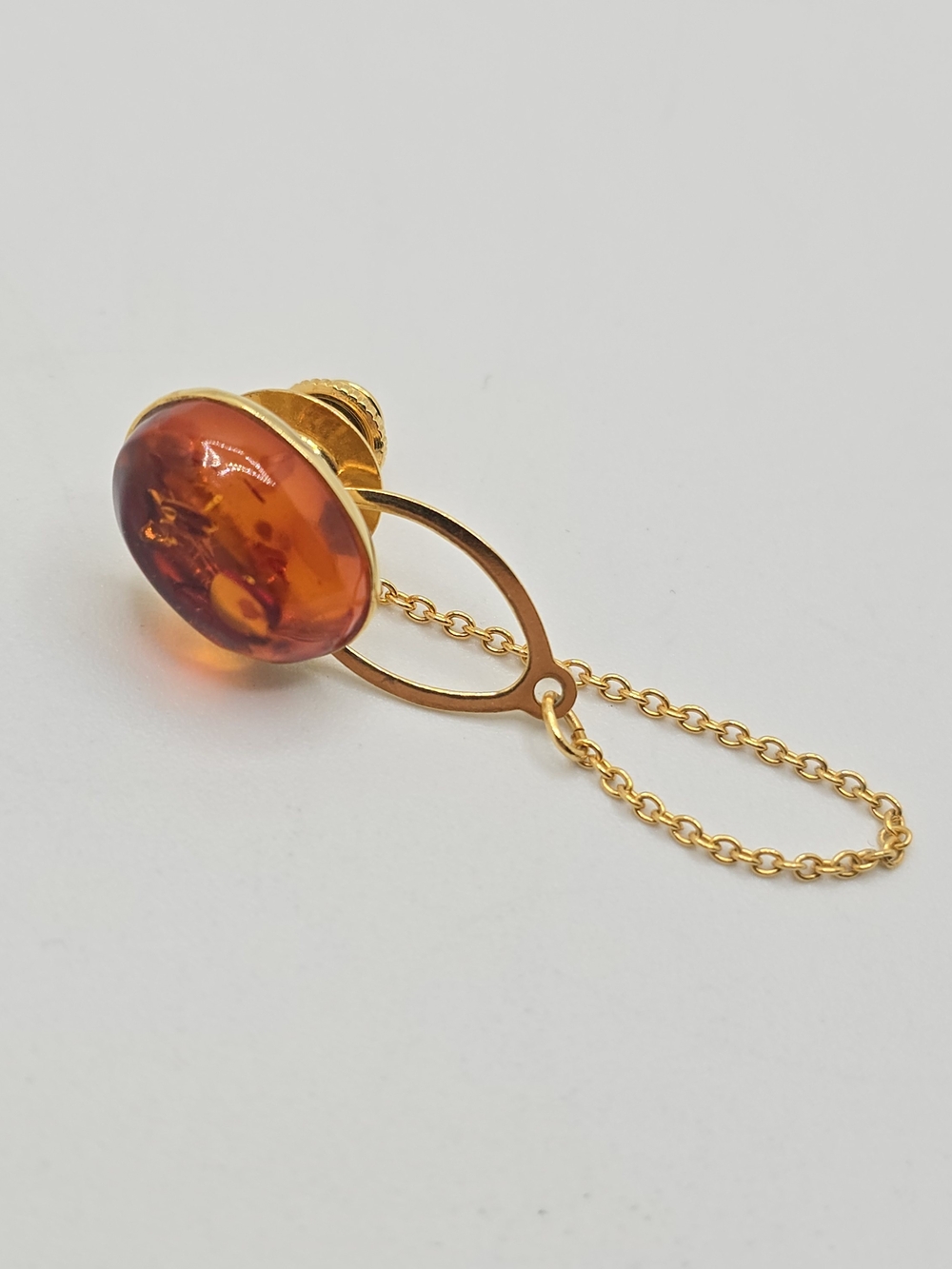Vintage Amber Color Cabochon Lapel Tie Tack Pin Safety Chain Gold Tone